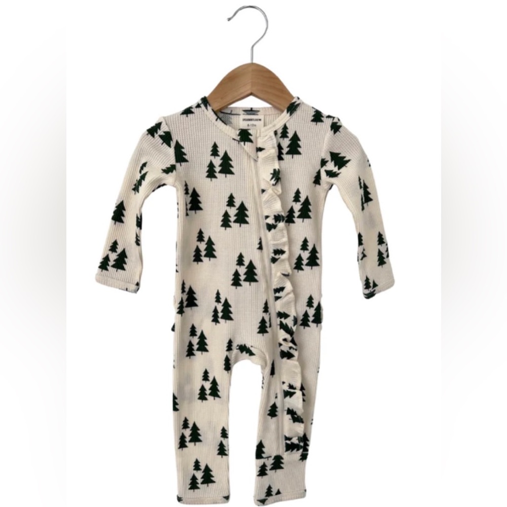 Spearmintlove Organic Waffle Ruffle Zip Romper, Forest Green Trees
